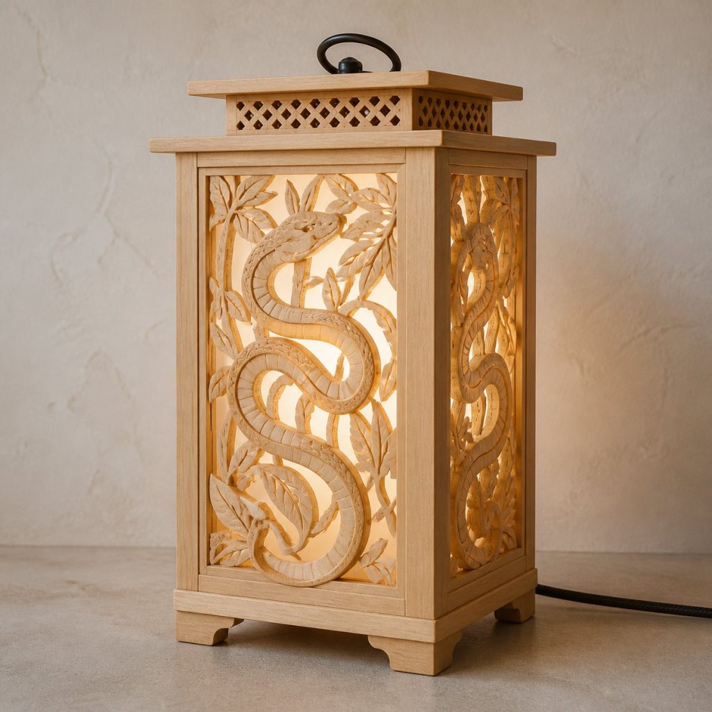 Jungle Snake Lantern shown as an original square photorealistic snake lamp made from natural light-yellow wood with fine grain and warm diffused light