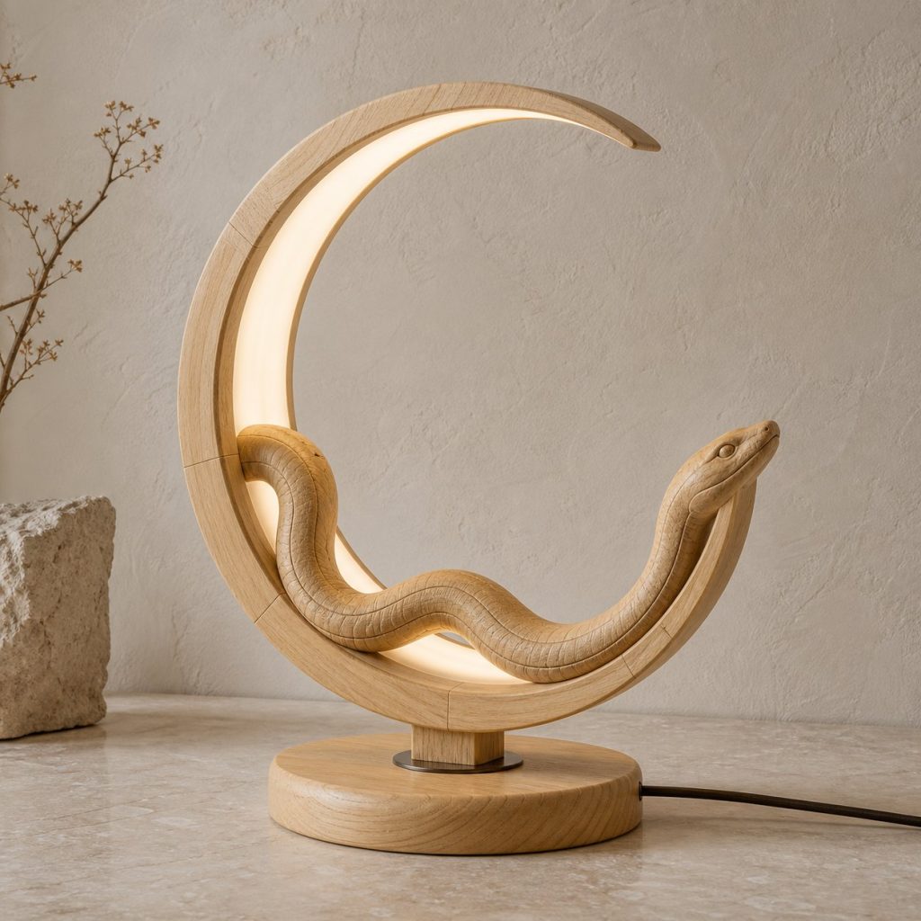 Snake-and-Moon Ring Lamp shown as an original square photorealistic snake lamp made from natural light-yellow wood with fine grain and warm diffused light