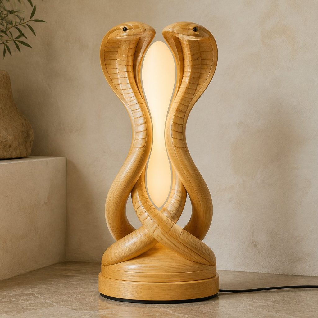 Twin-Cobra Floor Lamp shown as an original square photorealistic snake lamp made from natural light-yellow wood with fine grain and warm diffused light