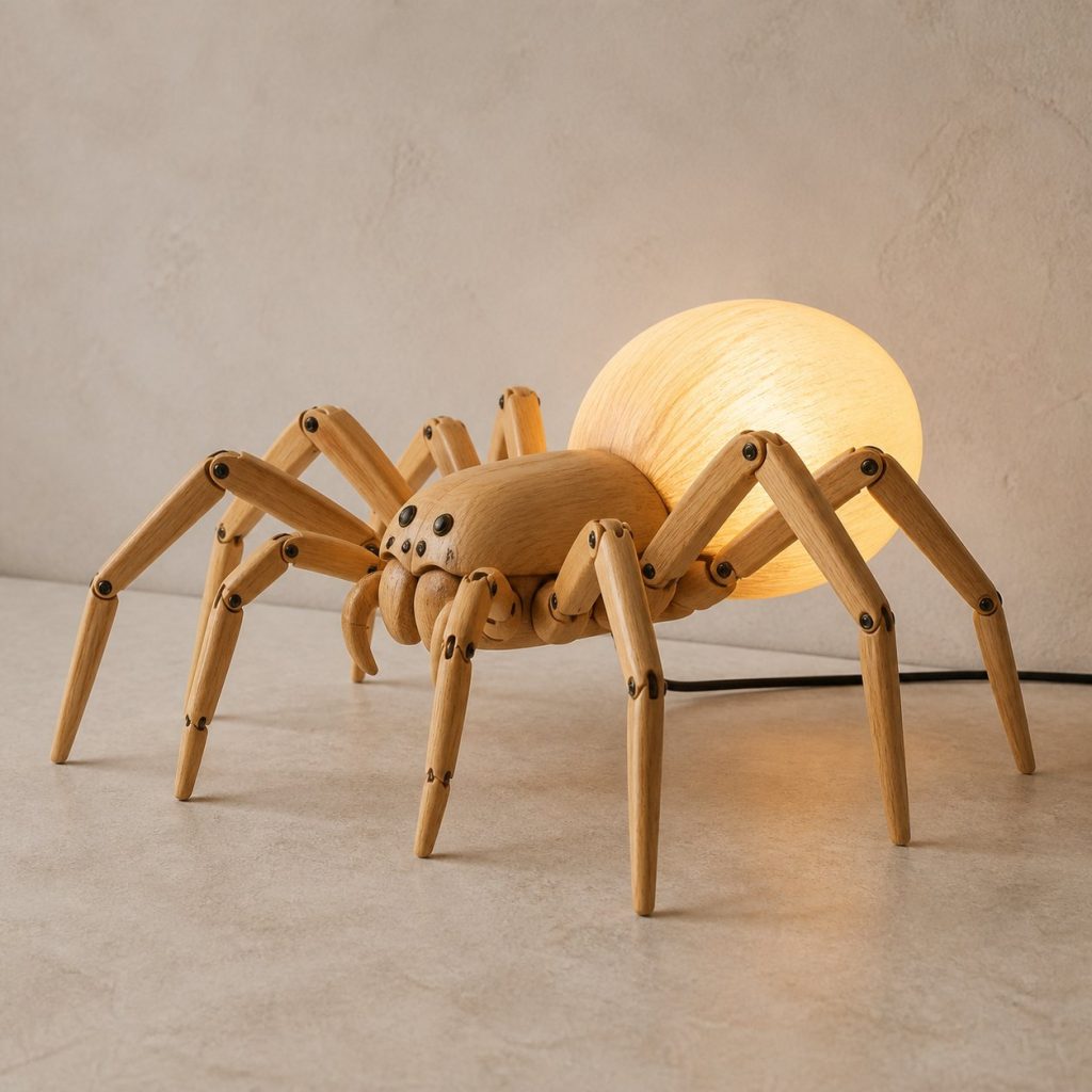 Standing Spider Profile Lamp shown as an original square photorealistic spider lamp made from natural light-yellow wood with fine grain and warm diffused light