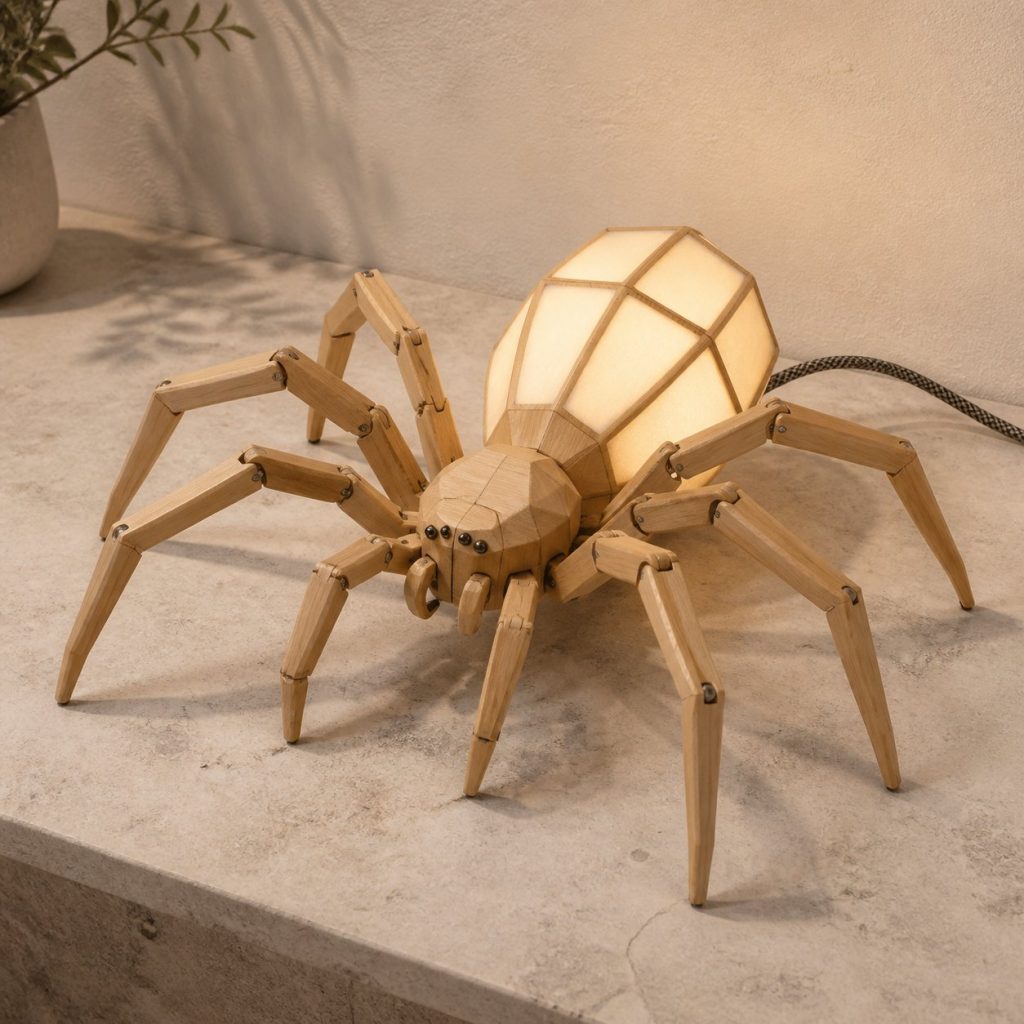 Faceted Spider Lamp shown as an original square photorealistic spider lamp made from natural light-yellow wood with fine grain and warm diffused light