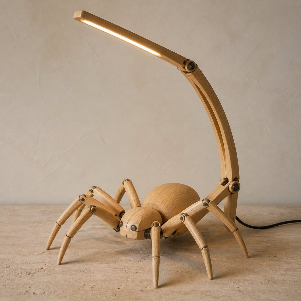 Spider-Leg Desk Task Lamp shown as an original square photorealistic spider lamp made from natural light-yellow wood with fine grain and warm diffused light