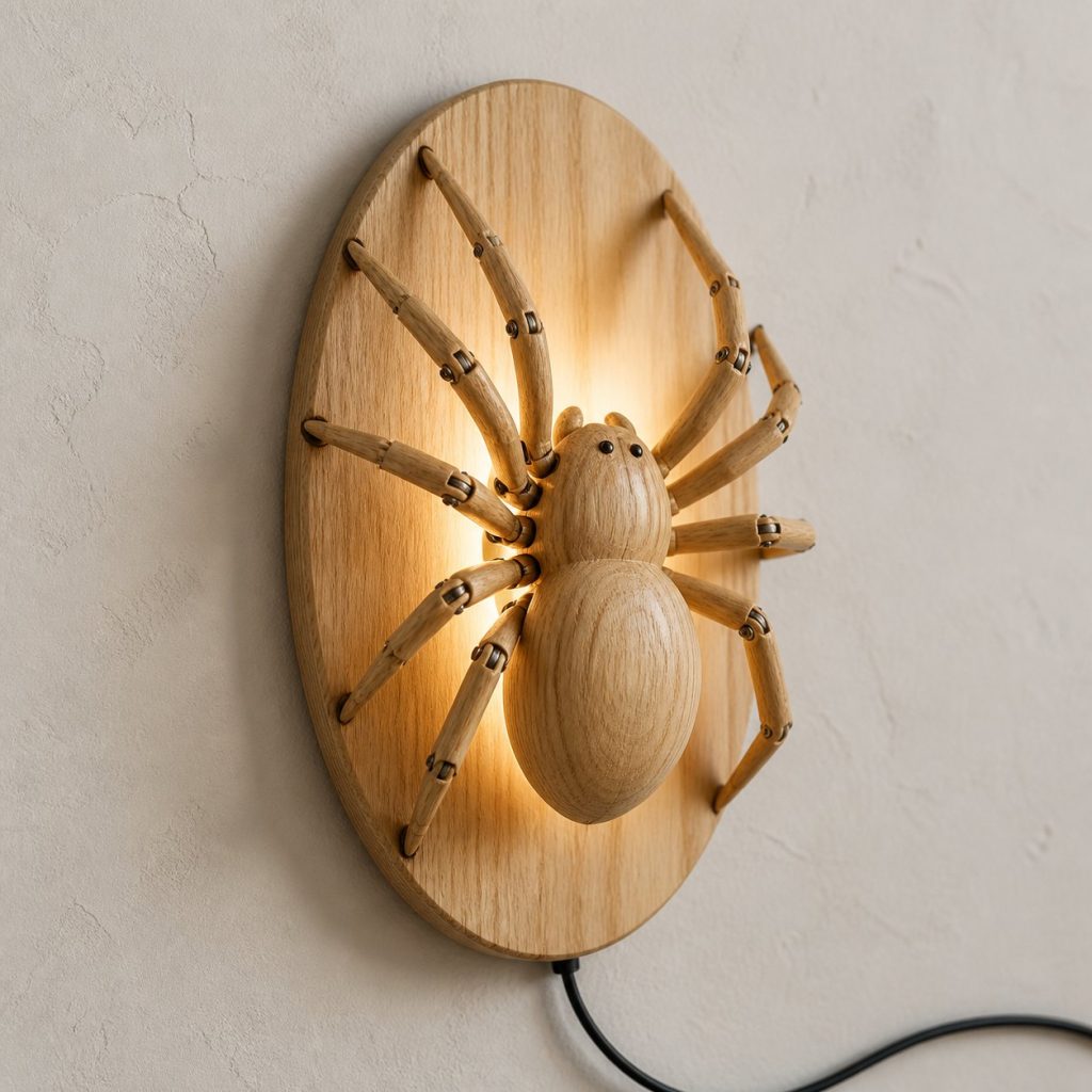 Climbing Spider Wall Sconce shown as an original square photorealistic spider lamp made from natural light-yellow wood with fine grain and warm diffused light