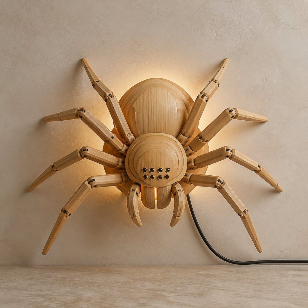Layered Spider Face Wall Lamp shown as an original square photorealistic spider lamp made from natural light-yellow wood with fine grain and warm diffused light