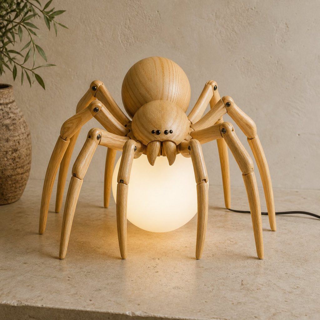 Spider Orb Lamp shown as an original square photorealistic spider lamp made from natural light-yellow wood with fine grain and warm diffused light