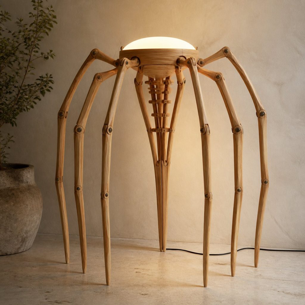 Tall Spider Floor Lamp shown as an original square photorealistic spider lamp made from natural light-yellow wood with fine grain and warm diffused light