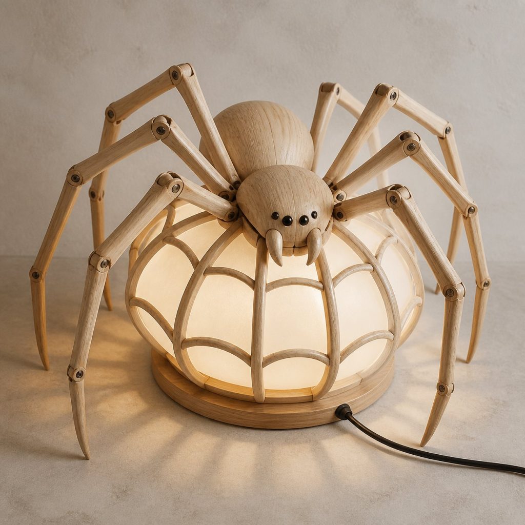 Web Spider Lantern shown as an original square photorealistic spider lamp made from natural light-yellow wood with fine grain and warm diffused light