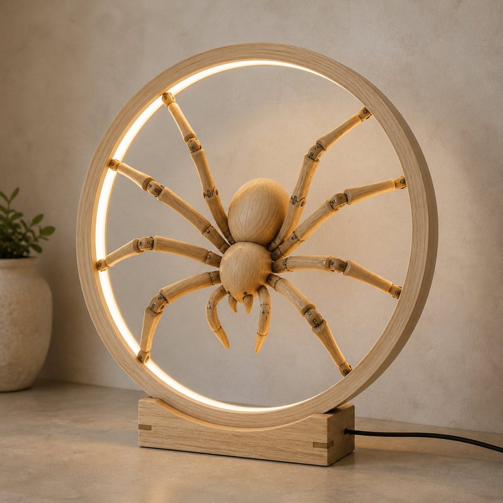 Spider Web-Ring Lamp shown as an original square photorealistic spider lamp made from natural light-yellow wood with fine grain and warm diffused light