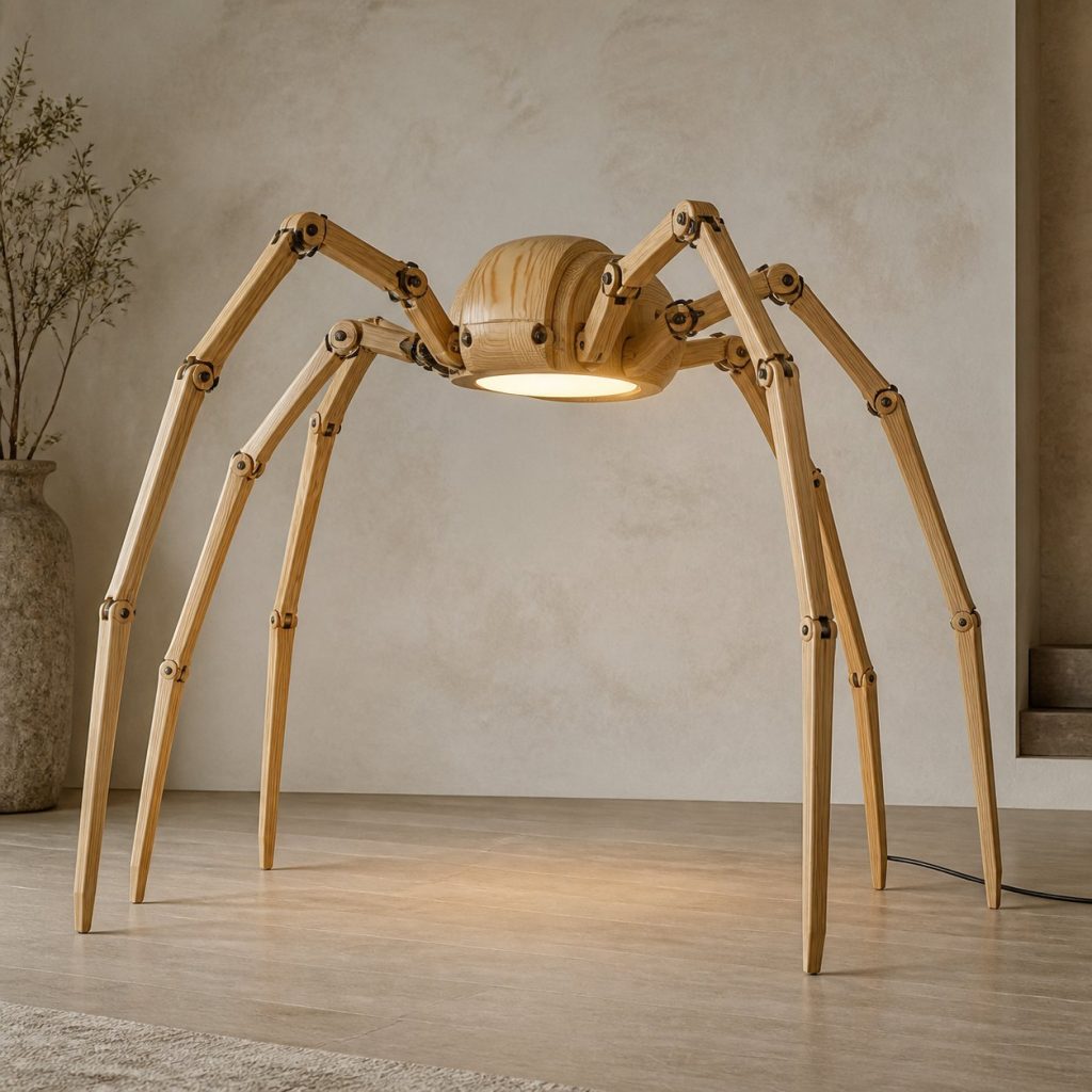 Arching Spider Floor Lamp shown as an original square photorealistic spider lamp made from natural light-yellow wood with fine grain and warm diffused light