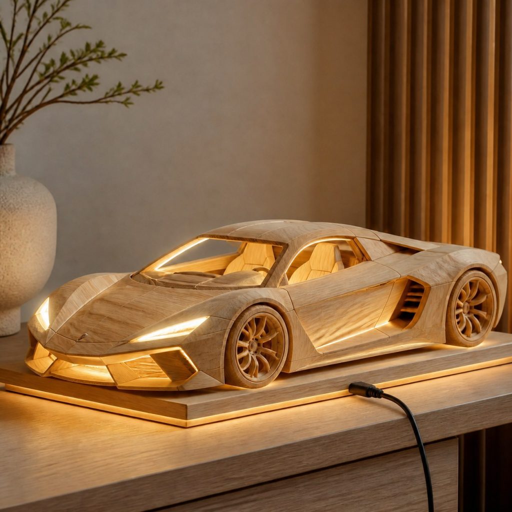 Faceted Sports Car Lamp shown as an original square photorealistic sports car lamp made from natural light-yellow wood with fine grain and warm diffused light