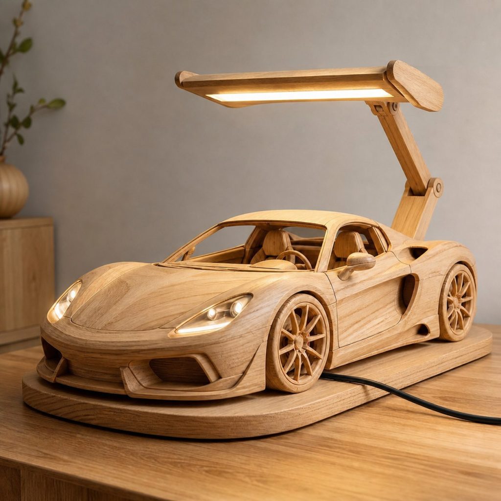 Sports Headlight Desk Task Lamp shown as an original square photorealistic sports car lamp made from natural light-yellow wood with fine grain and warm diffused light