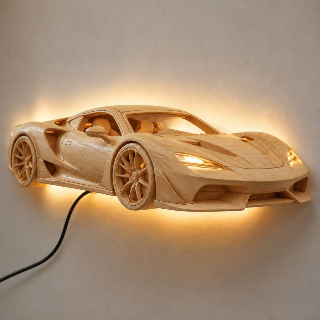 Speeding Sports Car Wall Sconce shown as an original square photorealistic sports car lamp made from natural light-yellow wood with fine grain and warm diffused light