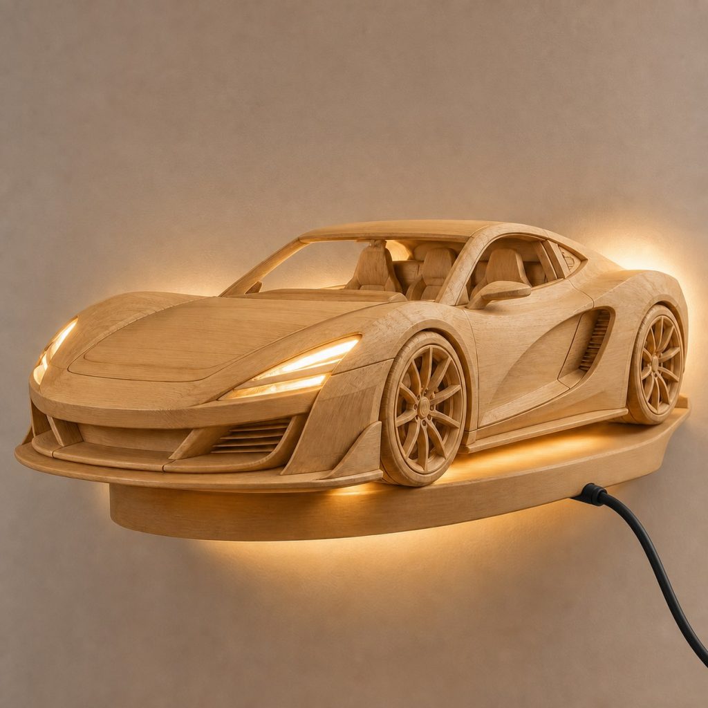 Layered Sports Fascia Wall Lamp shown as an original square photorealistic sports car lamp made from natural light-yellow wood with fine grain and warm diffused light