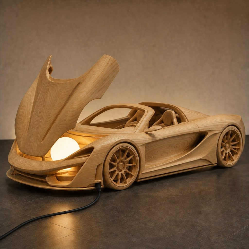 Sports Car Hood Orb Lamp shown as an original square photorealistic sports car lamp made from natural light-yellow wood with fine grain and warm diffused light