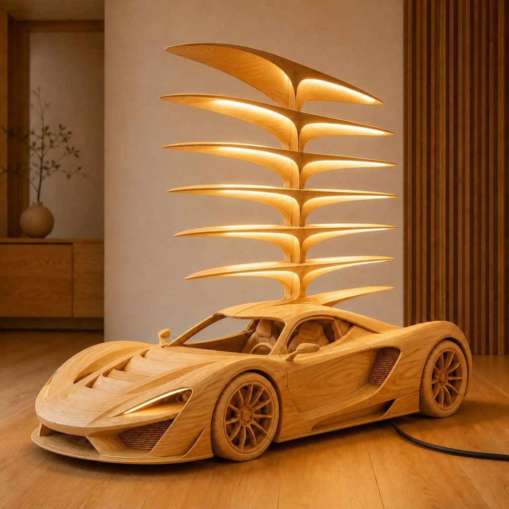 Stacked Sports Car Floor Lamp shown as an original square photorealistic sports car lamp made from natural light-yellow wood with fine grain and warm diffused light