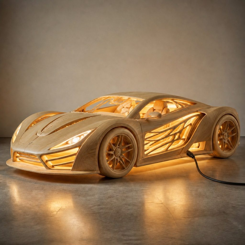 Modern Garage Car Lantern shown as an original square photorealistic sports car lamp made from natural light-yellow wood with fine grain and warm diffused light