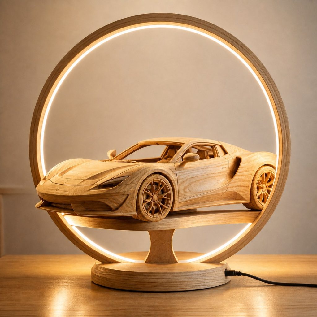 Sports Car Speed-Ring Lamp shown as an original square photorealistic sports car lamp made from natural light-yellow wood with fine grain and warm diffused light