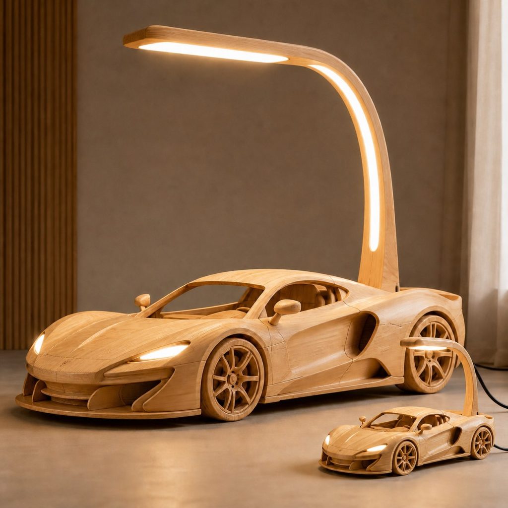 Paired Sports Car Floor Lamp shown as an original square photorealistic sports car lamp made from natural light-yellow wood with fine grain and warm diffused light