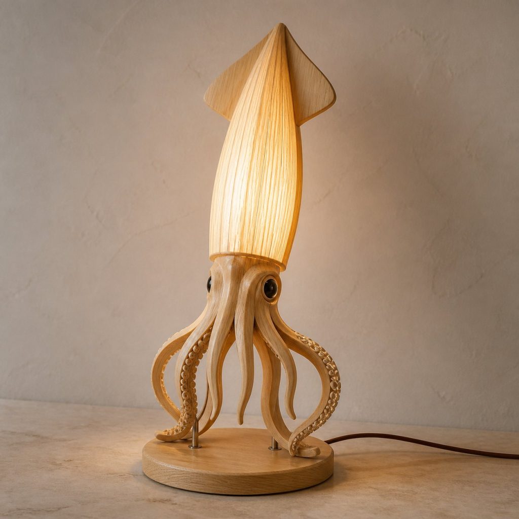 Upright Squid Profile Lamp shown as an original square photorealistic squid lamp made from natural light-yellow wood with fine grain and warm diffused light