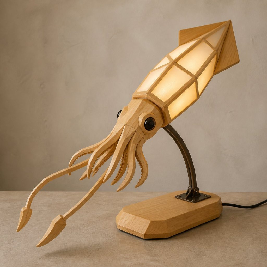 Faceted Squid Lamp shown as an original square photorealistic squid lamp made from natural light-yellow wood with fine grain and warm diffused light