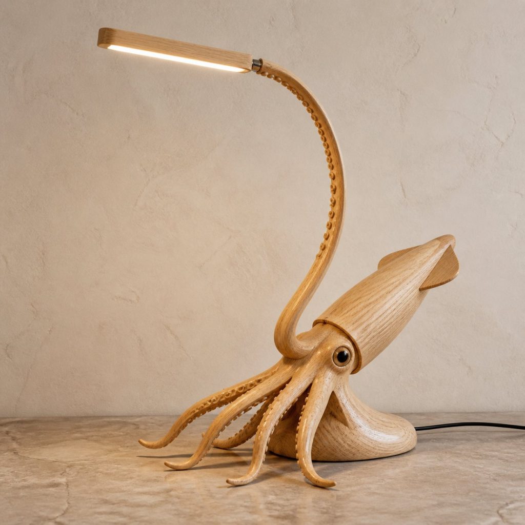 Squid-Tentacle Desk Task Lamp shown as an original square photorealistic squid lamp made from natural light-yellow wood with fine grain and warm diffused light