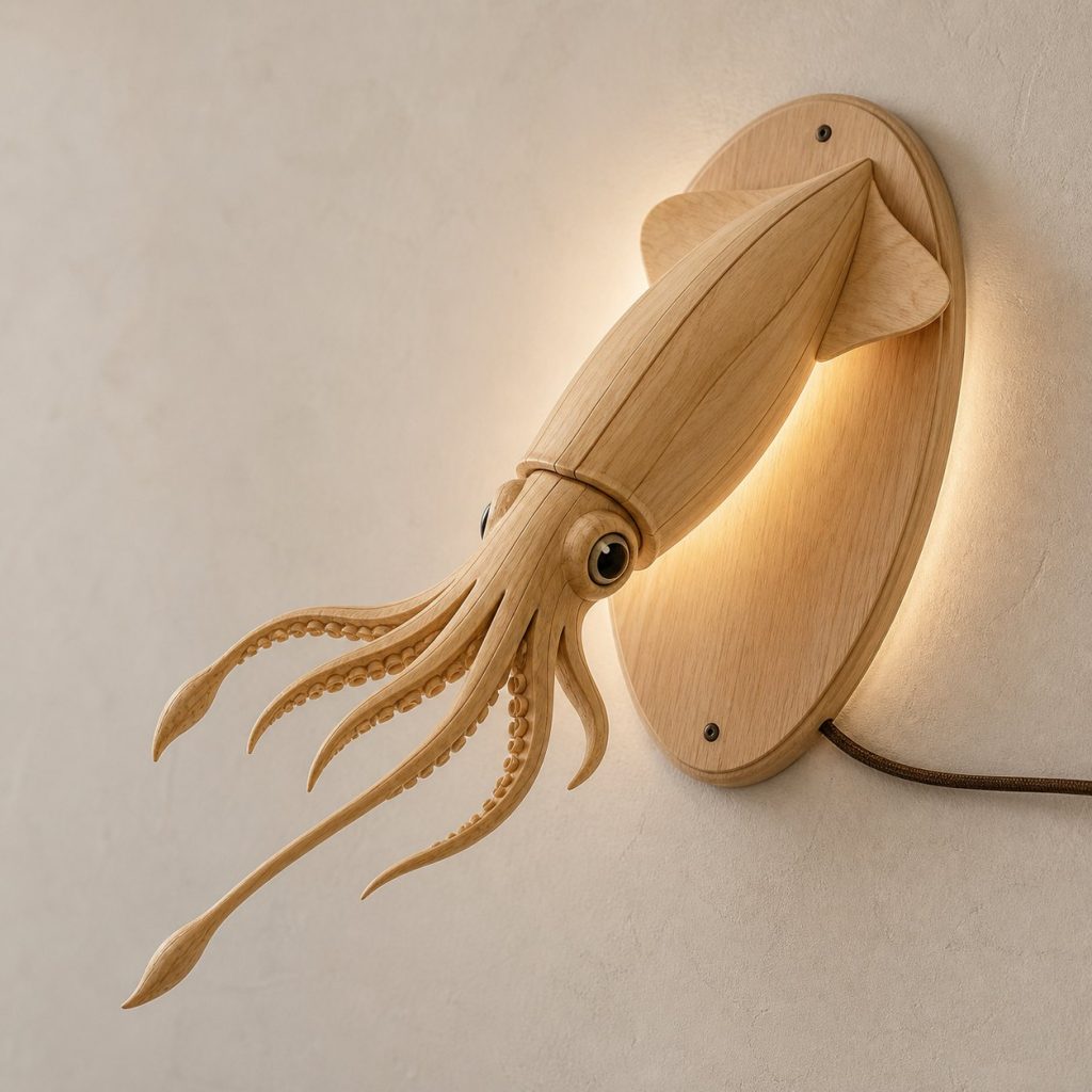 Swimming Squid Wall Sconce shown as an original square photorealistic squid lamp made from natural light-yellow wood with fine grain and warm diffused light