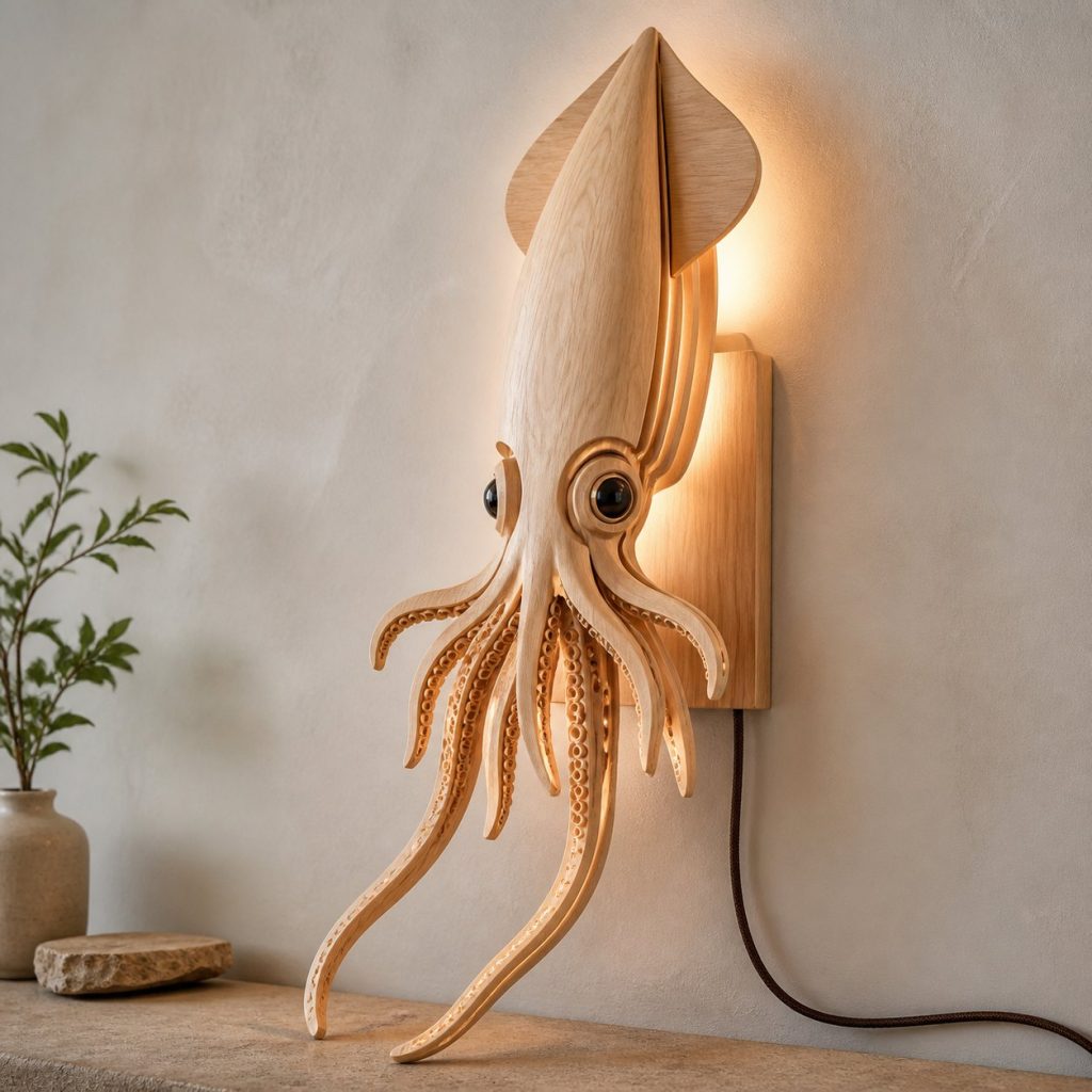 Layered Squid Head Wall Lamp shown as an original square photorealistic squid lamp made from natural light-yellow wood with fine grain and warm diffused light