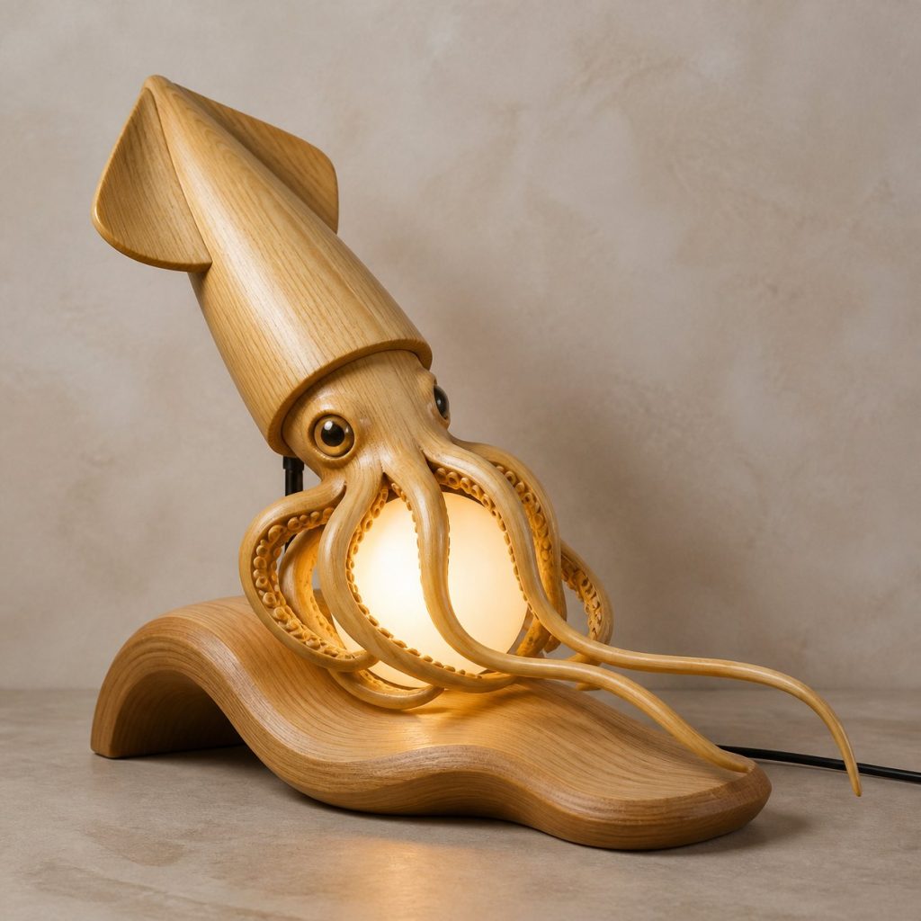 Squid Pearl Orb Lamp shown as an original square photorealistic squid lamp made from natural light-yellow wood with fine grain and warm diffused light