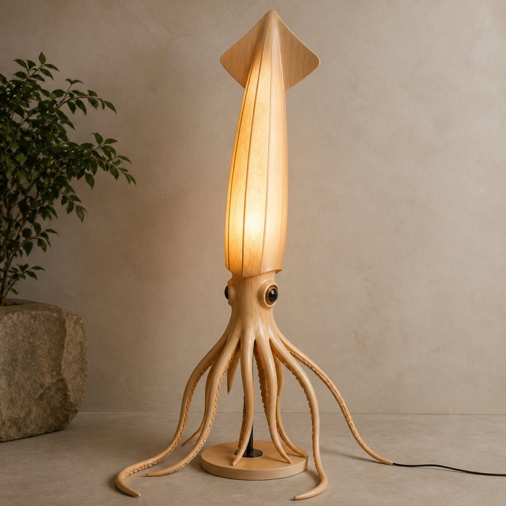 Tall Squid Floor Lamp shown as an original square photorealistic squid lamp made from natural light-yellow wood with fine grain and warm diffused light