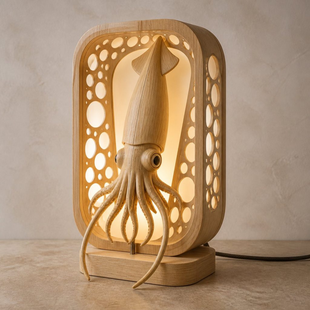 Deep-Sea Squid Lantern shown as an original square photorealistic squid lamp made from natural light-yellow wood with fine grain and warm diffused light