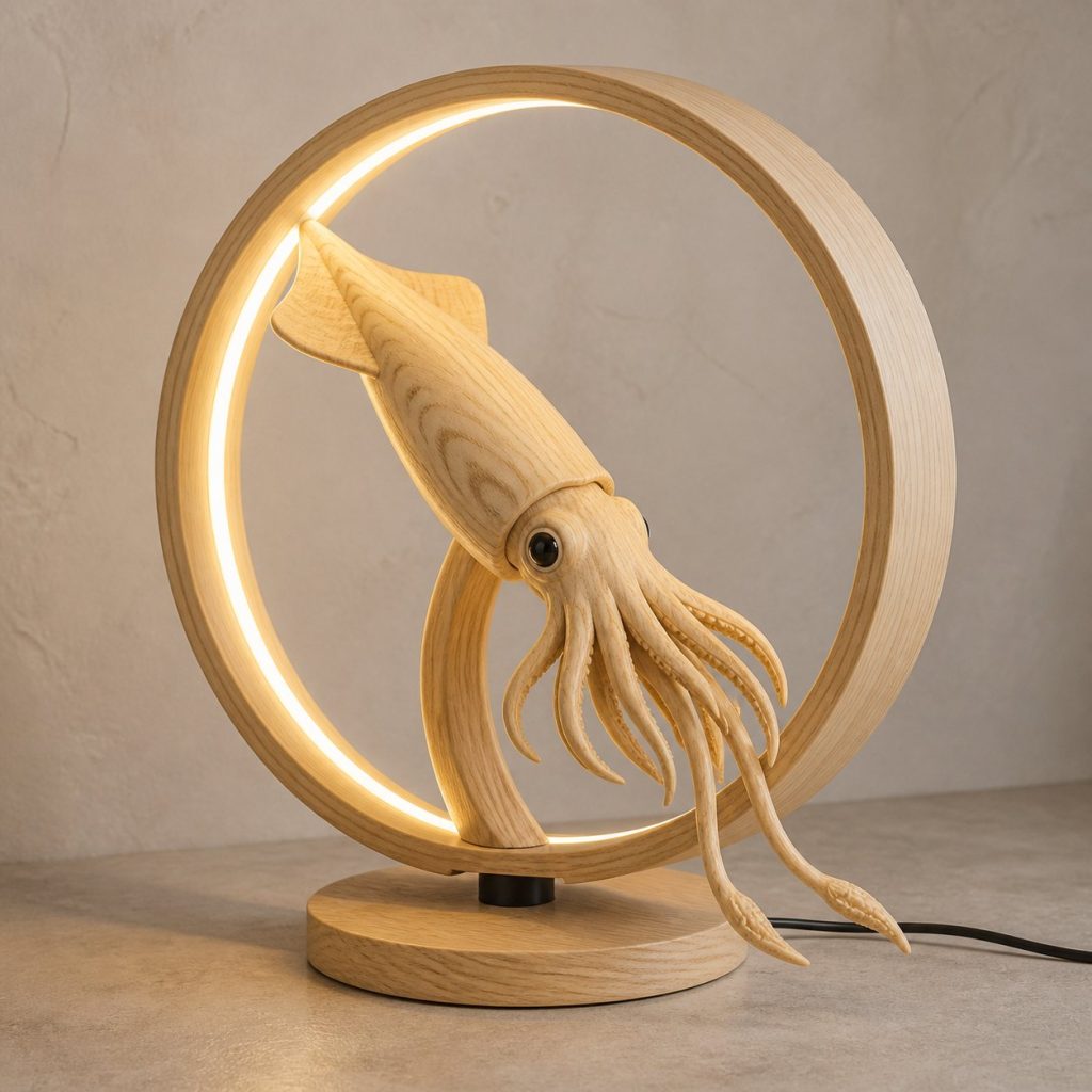 Squid Current-Ring Lamp shown as an original square photorealistic squid lamp made from natural light-yellow wood with fine grain and warm diffused light