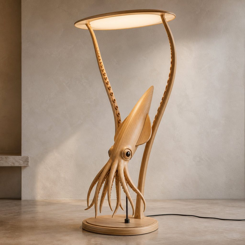 Paired-Tentacle Squid Floor Lamp shown as an original square photorealistic squid lamp made from natural light-yellow wood with fine grain and warm diffused light