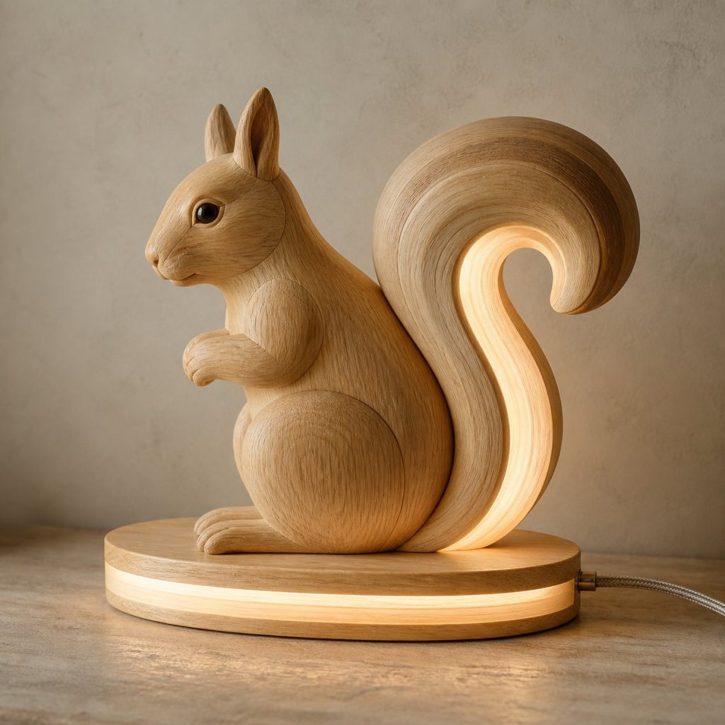Seated Squirrel Profile Lamp shown as an original square photorealistic squirrel lamp made from natural light-yellow wood with fine grain and warm diffused light