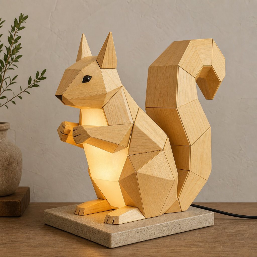 Faceted Squirrel Lamp shown as an original square photorealistic squirrel lamp made from natural light-yellow wood with fine grain and warm diffused light
