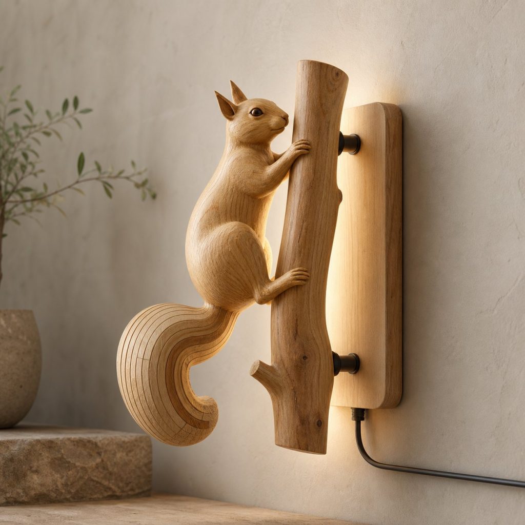 Climbing Squirrel Wall Sconce shown as an original square photorealistic squirrel lamp made from natural light-yellow wood with fine grain and warm diffused light