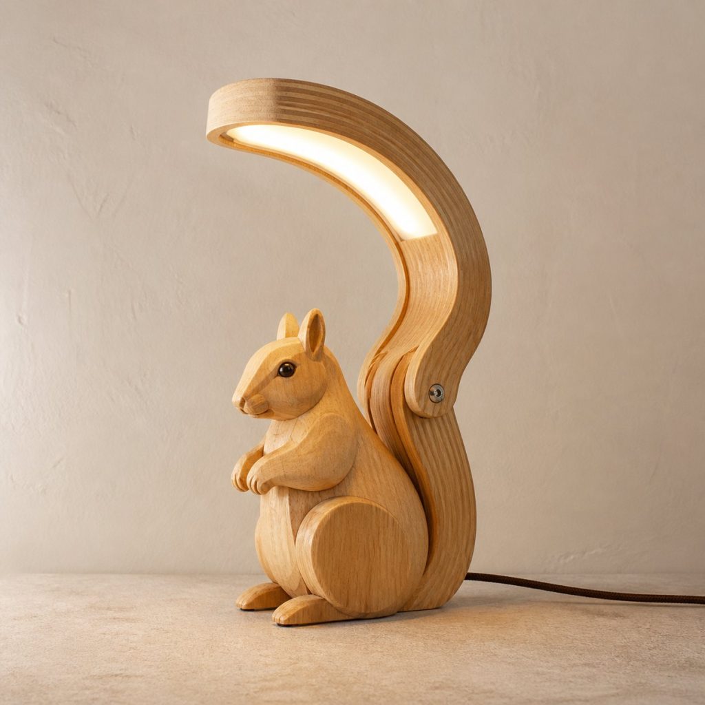 Squirrel-Tail Desk Task Lamp shown as an original square photorealistic squirrel lamp made from natural light-yellow wood with fine grain and warm diffused light