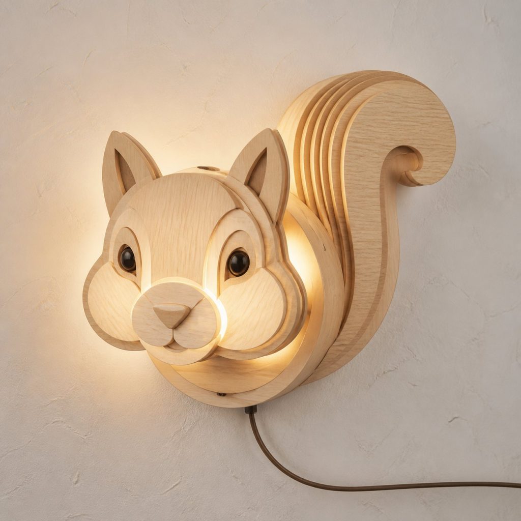 Layered Squirrel Face Wall Lamp shown as an original square photorealistic squirrel lamp made from natural light-yellow wood with fine grain and warm diffused light