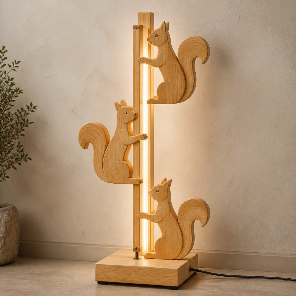 Stacked Squirrel Floor Lamp shown as an original square photorealistic squirrel lamp made from natural light-yellow wood with fine grain and warm diffused light