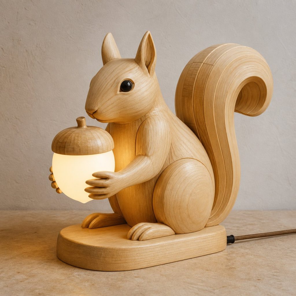 Squirrel Acorn Orb Lamp shown as an original square photorealistic squirrel lamp made from natural light-yellow wood with fine grain and warm diffused light