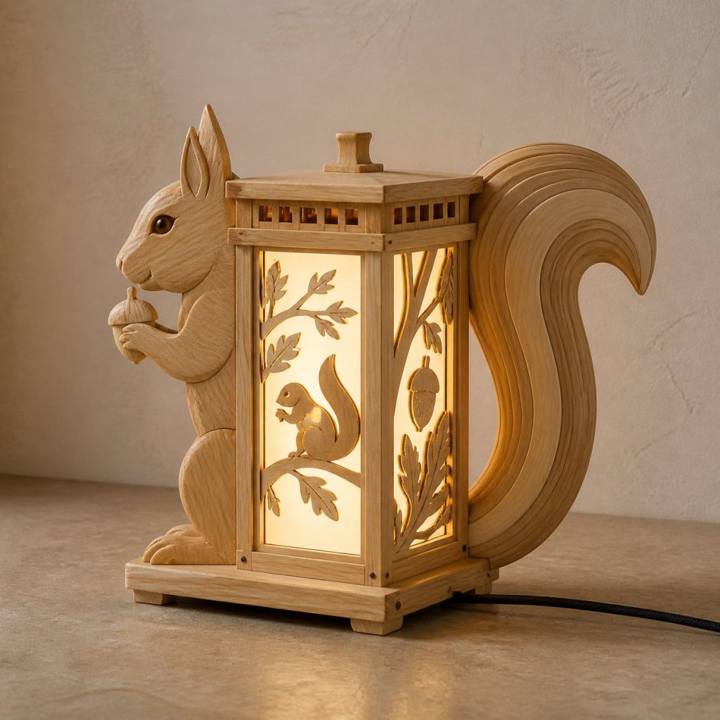 Woodland Squirrel Lantern shown as an original square photorealistic squirrel lamp made from natural light-yellow wood with fine grain and warm diffused light