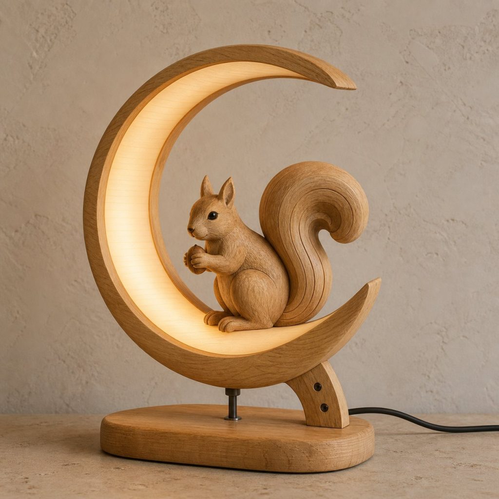 Squirrel-and-Moon Ring Lamp shown as an original square photorealistic squirrel lamp made from natural light-yellow wood with fine grain and warm diffused light