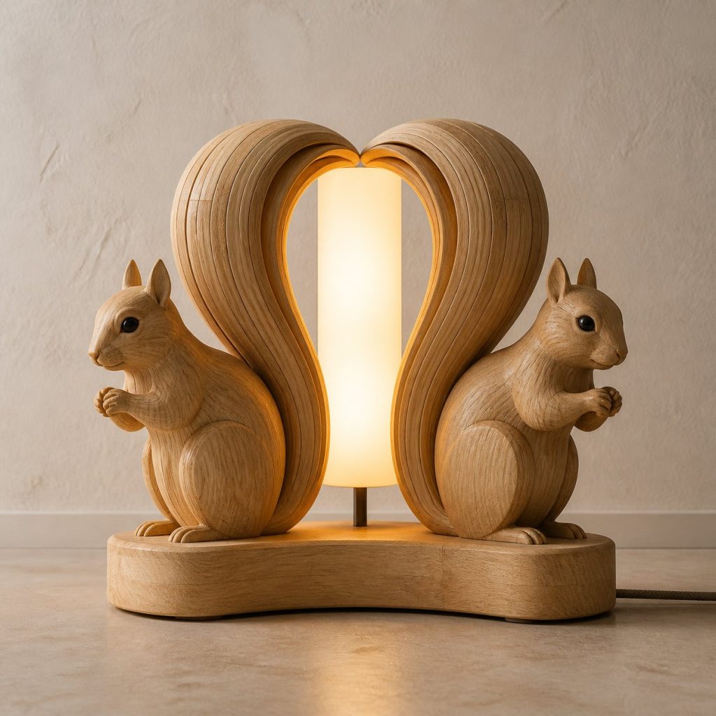 Twin-Tail Squirrel Floor Lamp shown as an original square photorealistic squirrel lamp made from natural light-yellow wood with fine grain and warm diffused light