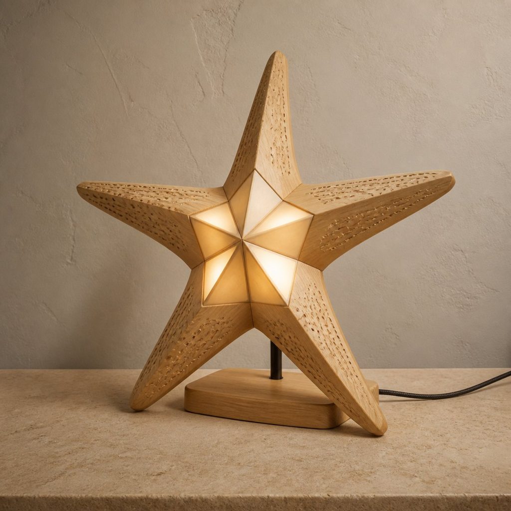 Faceted Starfish Lamp shown as an original square photorealistic starfish lamp made from natural light-yellow wood with fine grain and warm diffused light