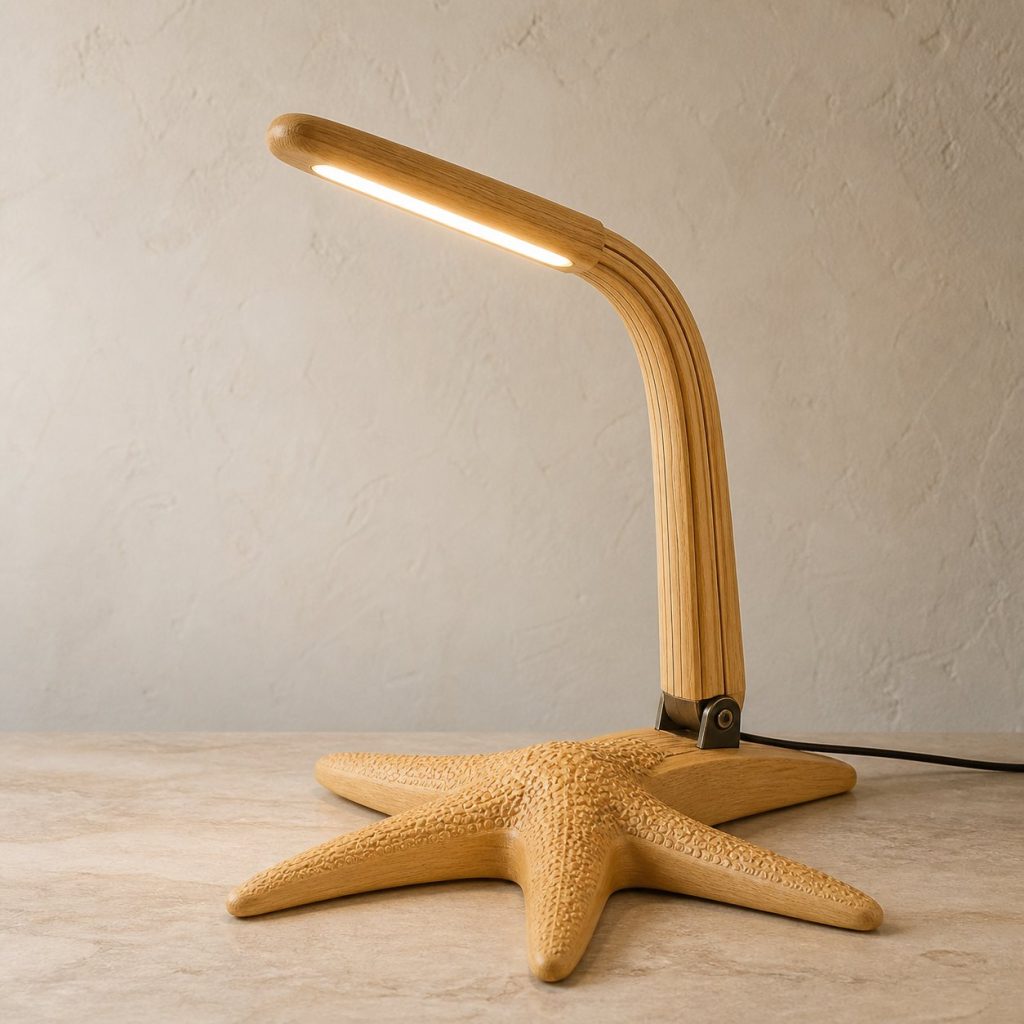 Starfish-Arm Desk Task Lamp shown as an original square photorealistic starfish lamp made from natural light-yellow wood with fine grain and warm diffused light