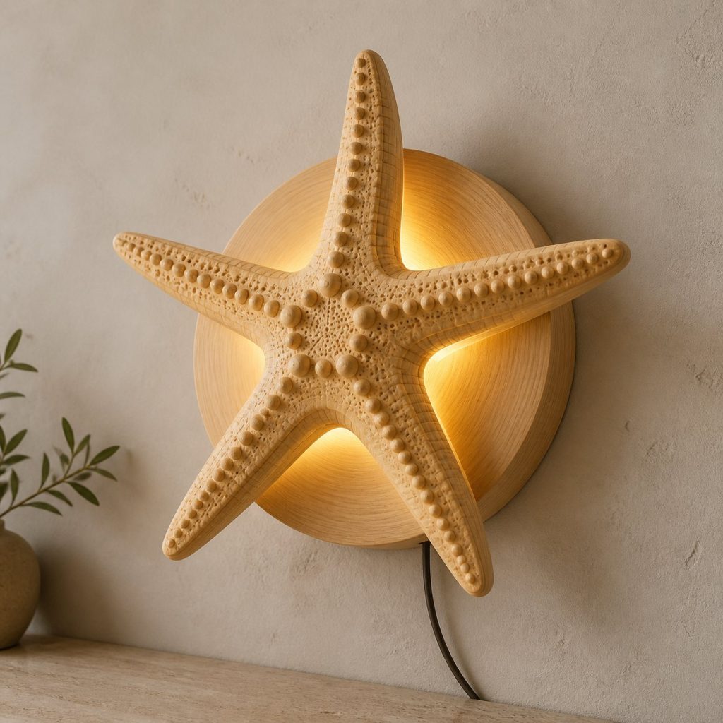 Five-Arm Starfish Wall Sconce shown as an original square photorealistic starfish lamp made from natural light-yellow wood with fine grain and warm diffused light