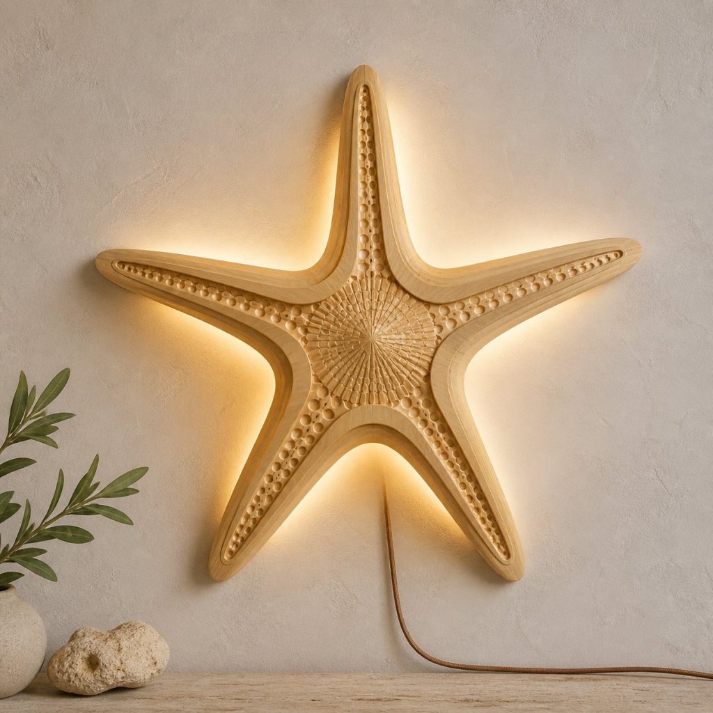 Layered Starfish Wall Lamp shown as an original square photorealistic starfish lamp made from natural light-yellow wood with fine grain and warm diffused light