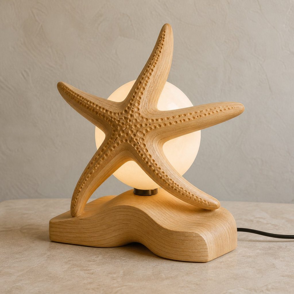 Starfish Pearl Orb Lamp shown as an original square photorealistic starfish lamp made from natural light-yellow wood with fine grain and warm diffused light