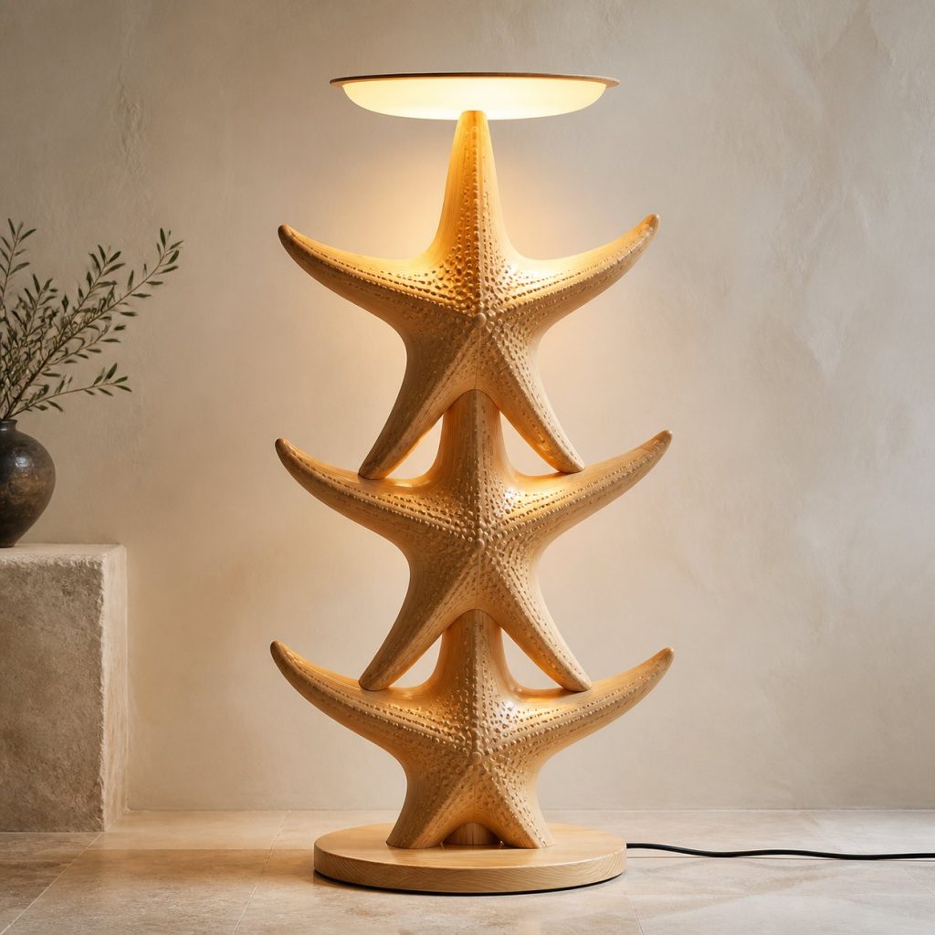 Stacked Starfish Floor Lamp shown as an original square photorealistic starfish lamp made from natural light-yellow wood with fine grain and warm diffused light
