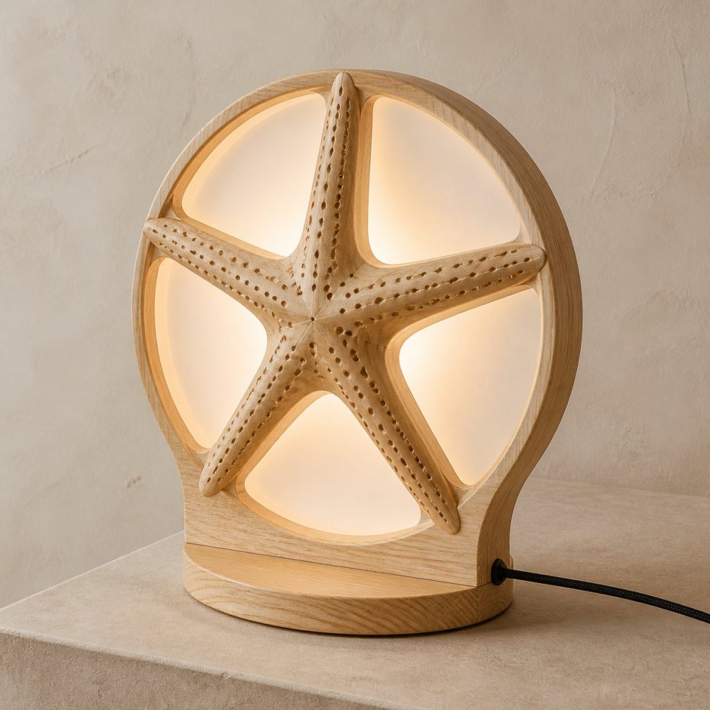 Tide-Pool Starfish Lantern shown as an original square photorealistic starfish lamp made from natural light-yellow wood with fine grain and warm diffused light