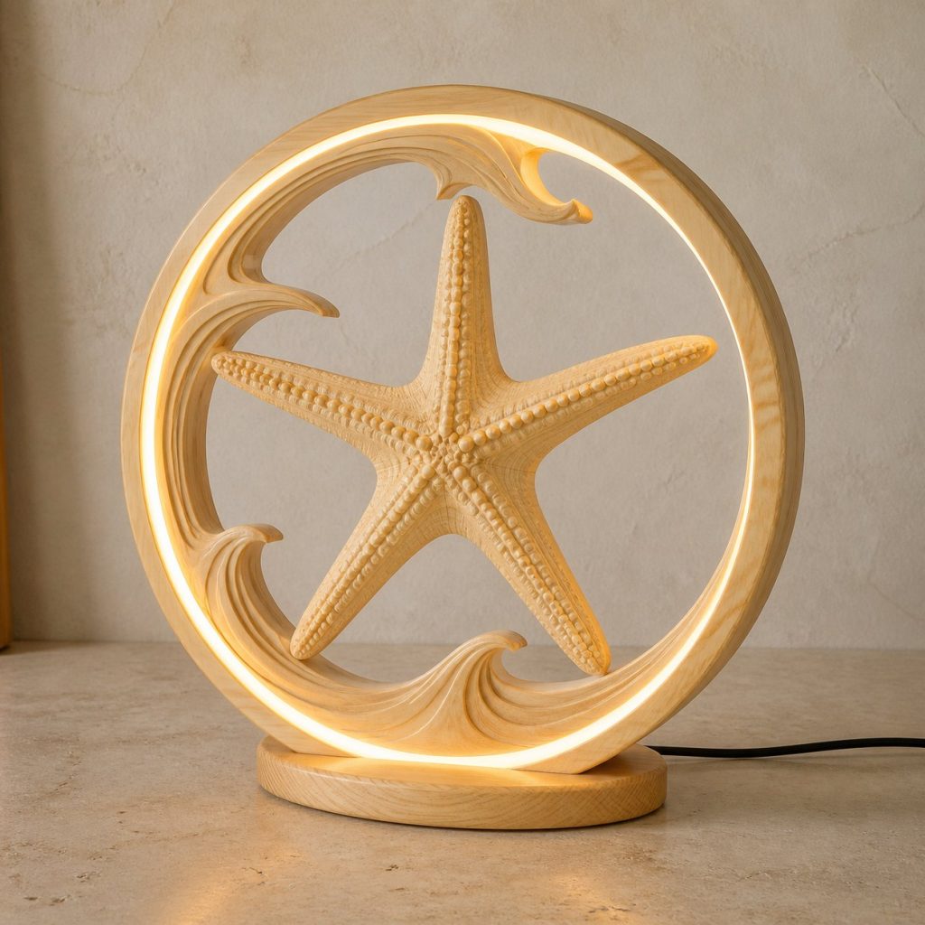 Starfish Wave-Ring Lamp shown as an original square photorealistic starfish lamp made from natural light-yellow wood with fine grain and warm diffused light